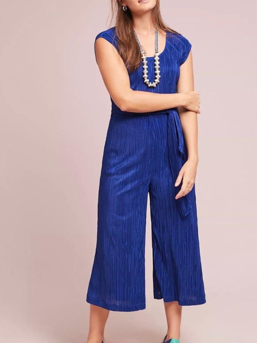 Anthropologie Maeve Sonata Blue Pleated Wide Leg Cap Sleeve Jumpsuit Sz 8P